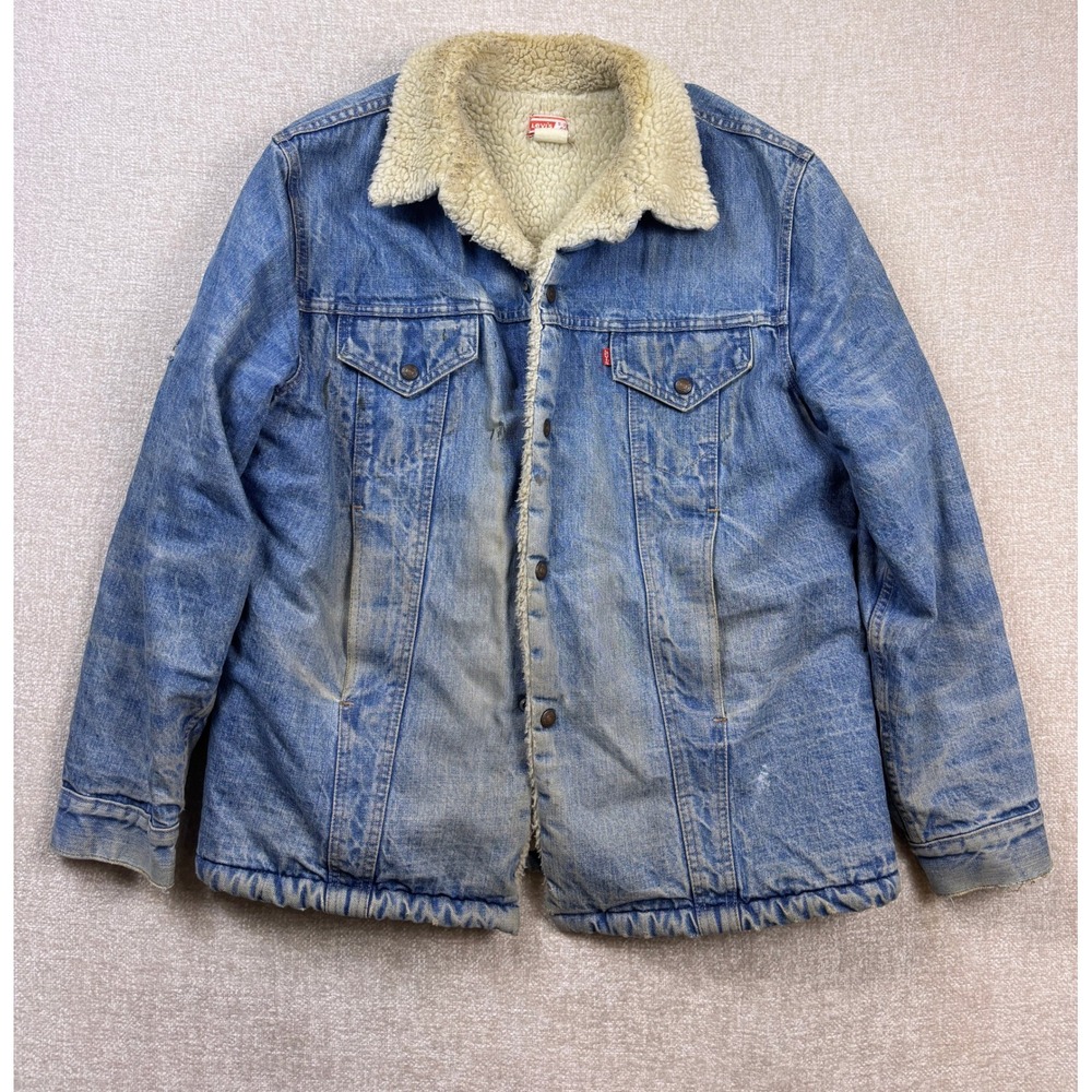 Vintage Levis Sherpa Lined Denim Trucker Jacket Made in USA Blue Size 46